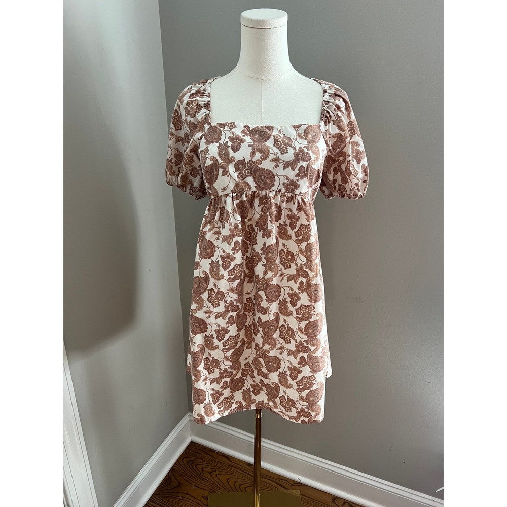 Miss Selfridge Paisley Puff Sleeve Mini Dress Womens Size 6 Brown Boho Floral